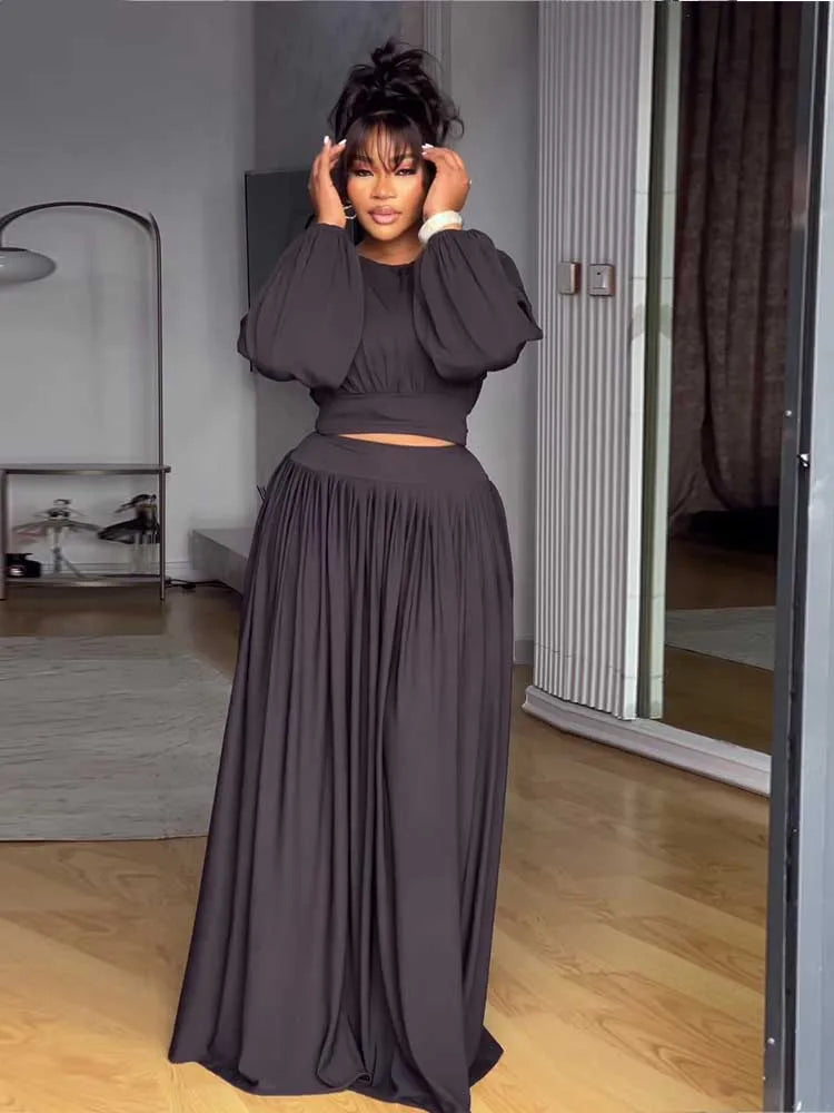 Women's Clothing Autumn 2-piece Long Sleeve Top and Long Skirt Set Casual Dress