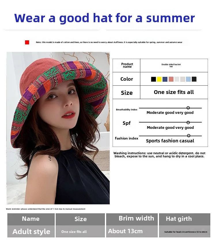 Hat Women's Summer Big Edge Double-Sided Sunshade Bucket Hat Korean Version Versatile Ethnic Style Travel Sun Protection Cap