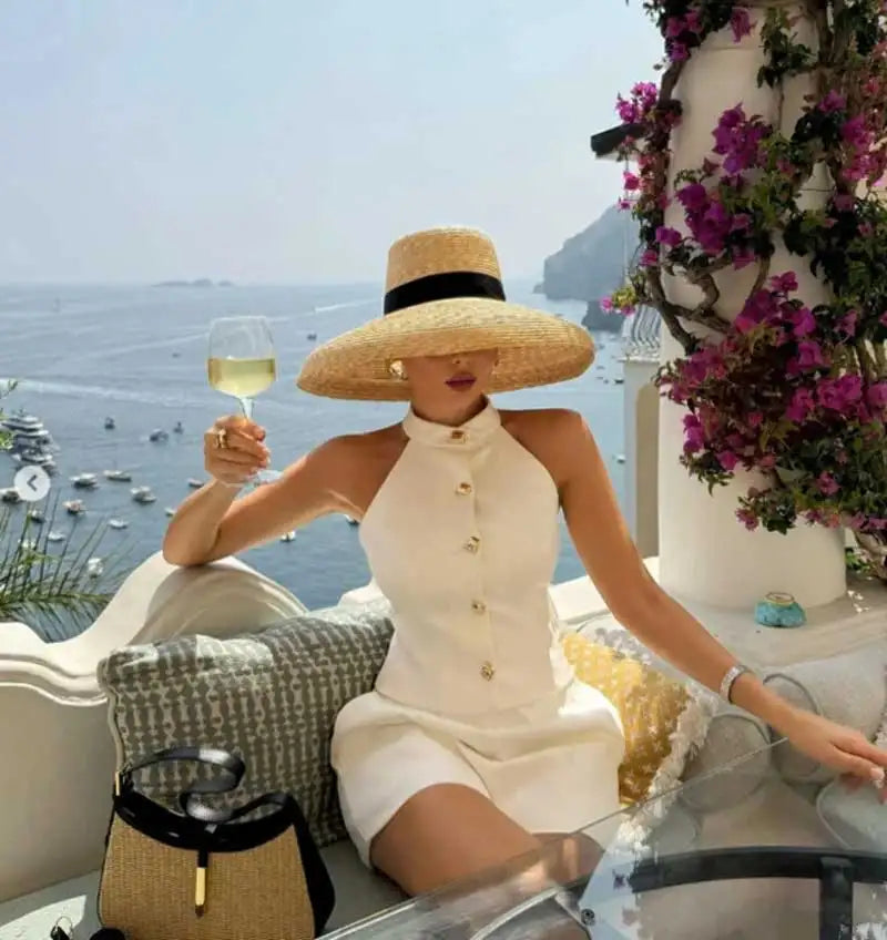 Red edging 2026 Sun Hats Hepburn hat Shiny Straw Hat European American  Braided Female Sunshade  chapeau femme