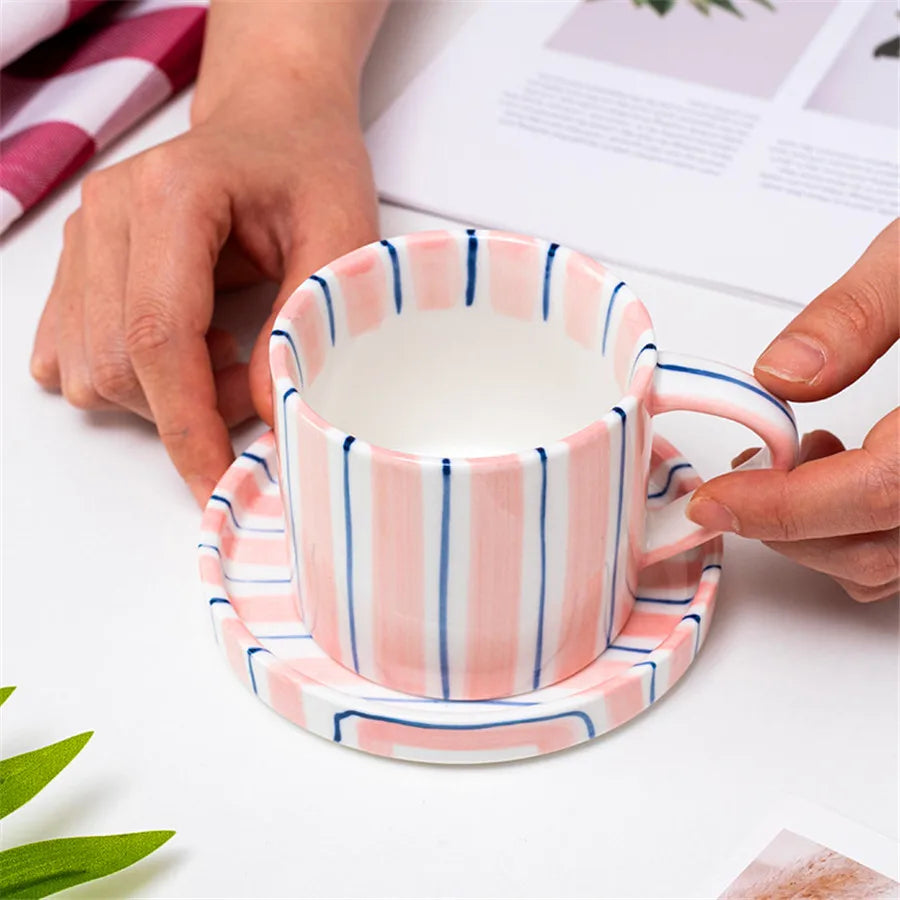 Minimalist Striped Ceramic Cup & Plate Set | 280ml Coffee Tea Cup |