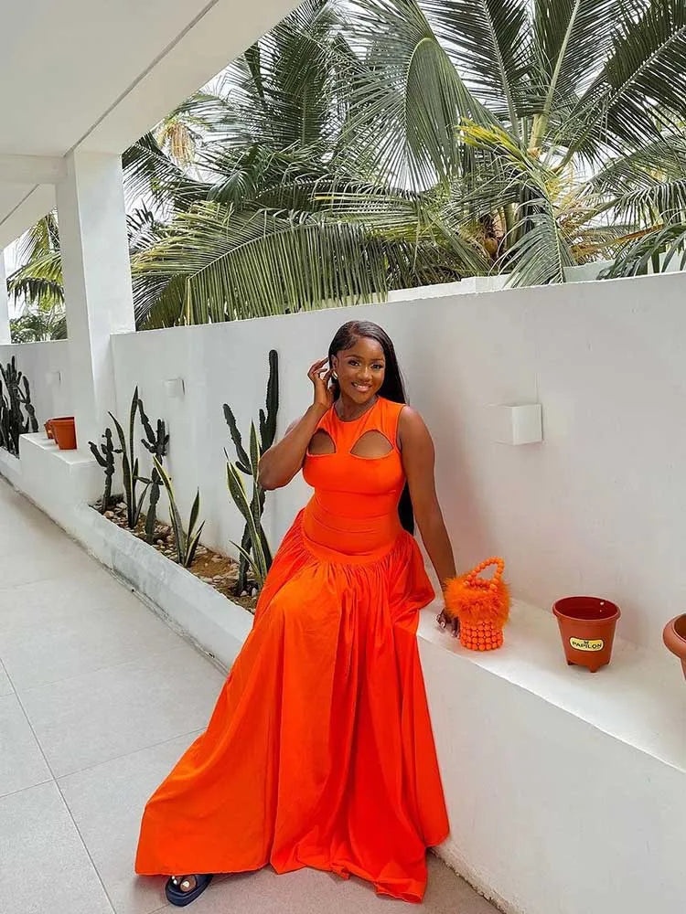 Women's Hollow Out Knitted Maxi Beautiful Orange Elegant Party Dress
