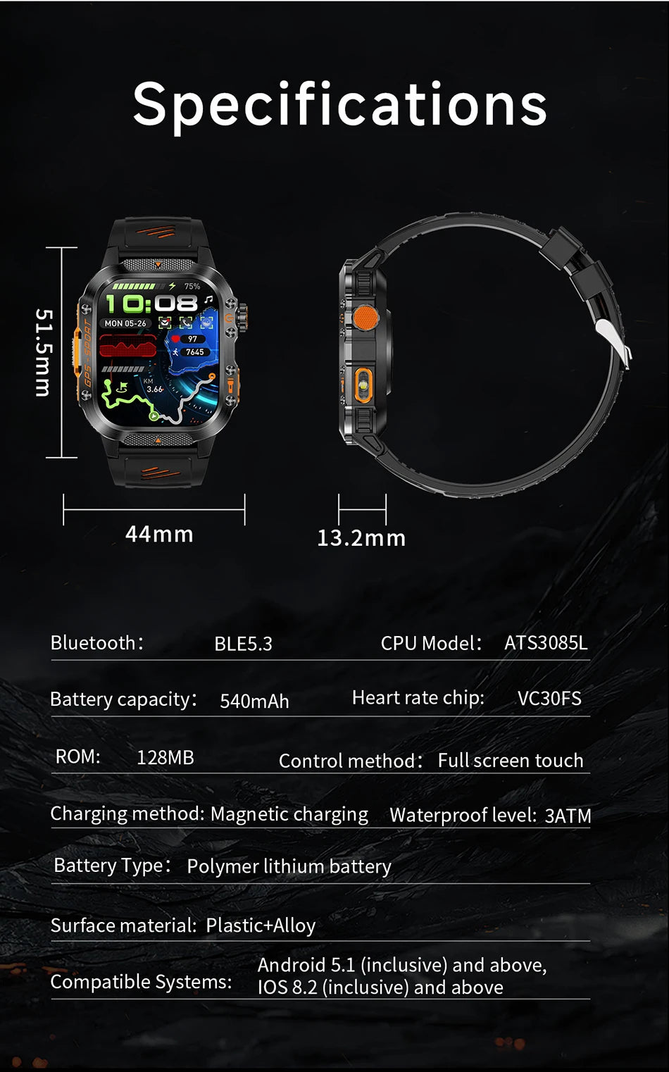 Military GPS Smartwatch Men | 2.01" AMOLED Flashlight Bluetooth 3ATM Waterproof