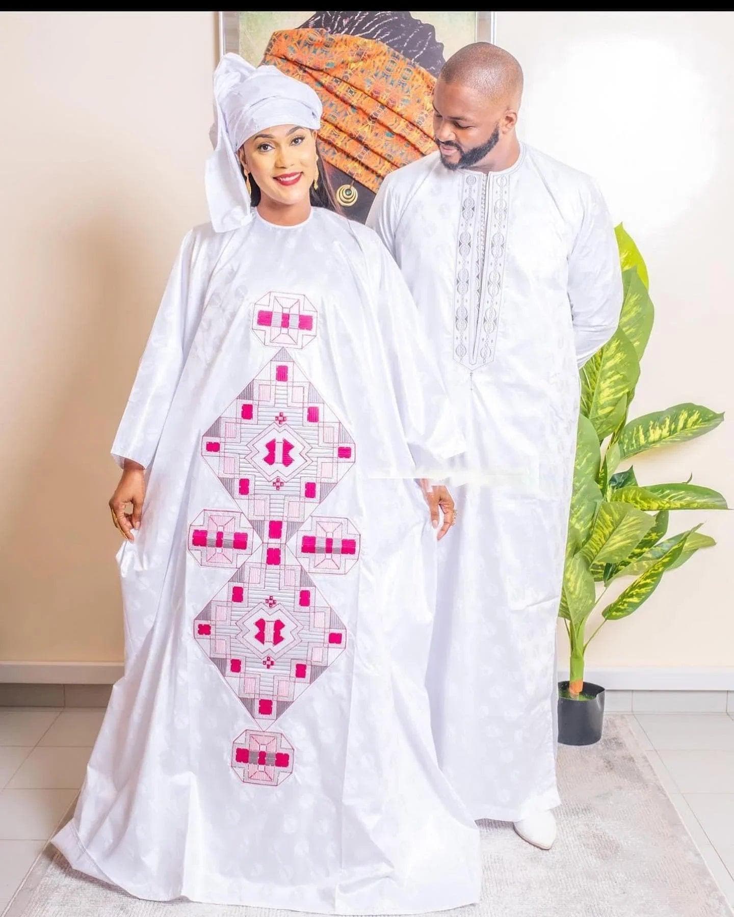 Embroidered Bazin Riche African Dress for Men and Women with Scarf, Plus Size