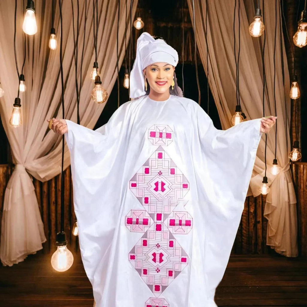Embroidered Bazin Riche African Dress for Men and Women with Scarf, Plus Size