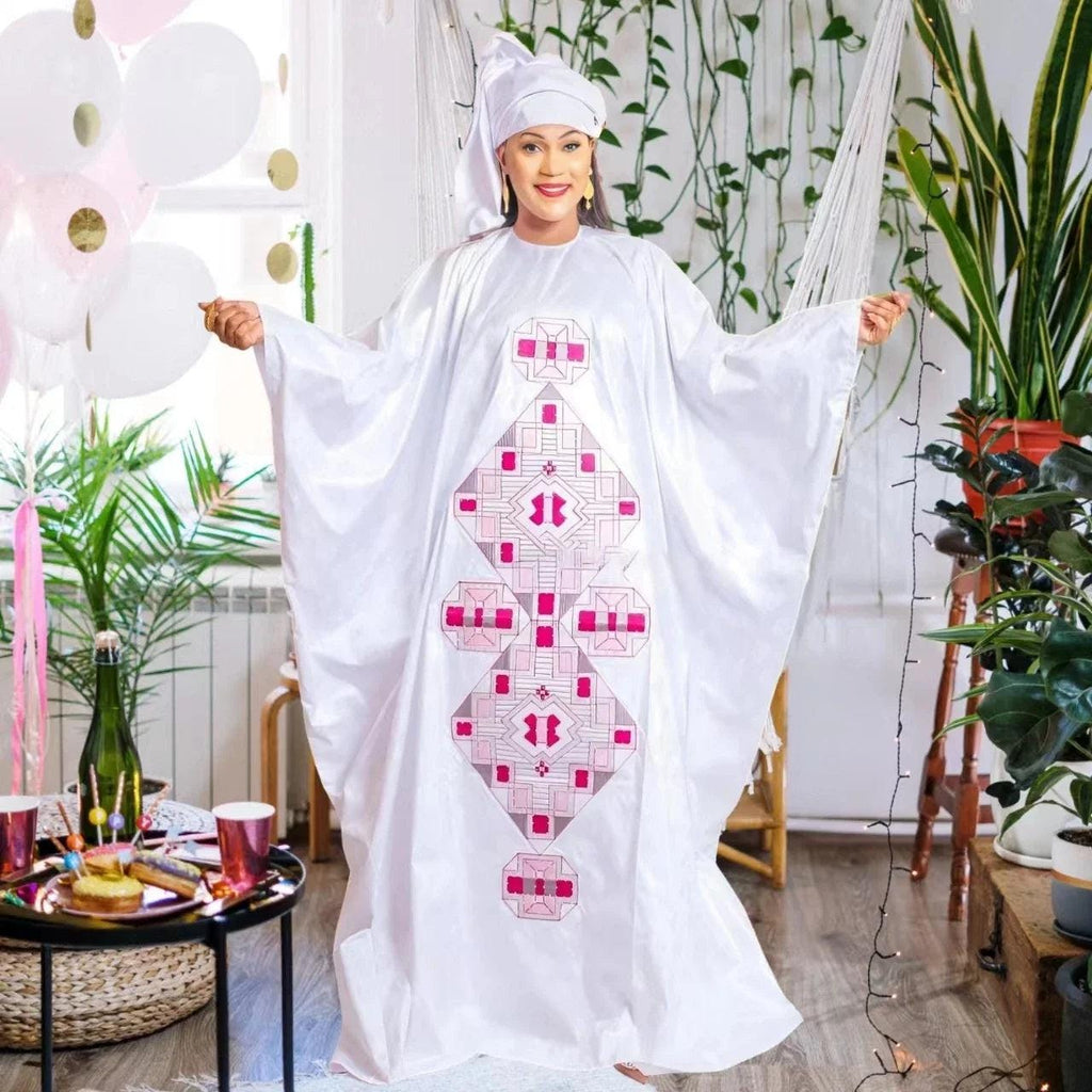 Embroidered Bazin Riche African Dress for Men and Women with Scarf, Plus Size