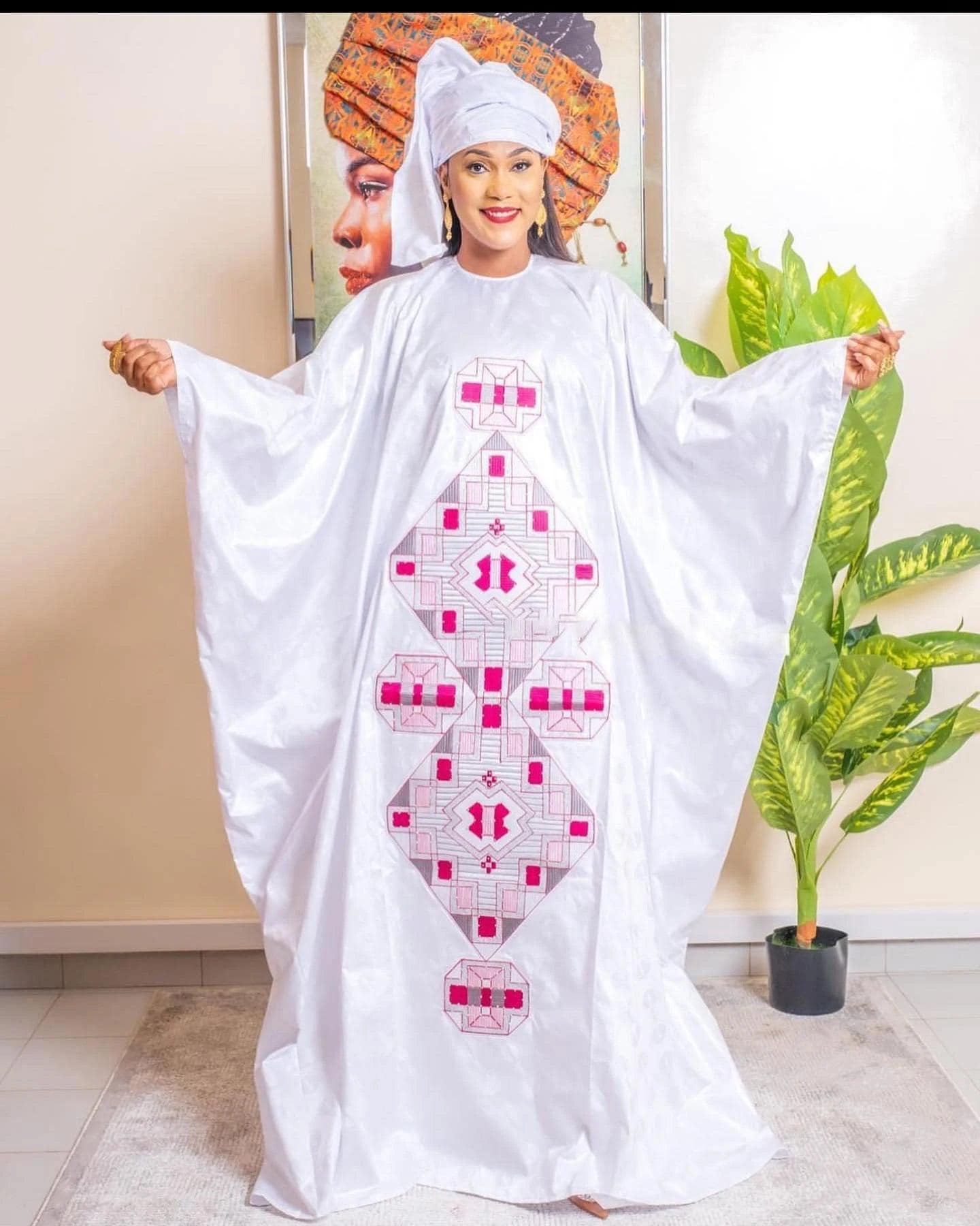 Embroidered Bazin Riche African Dress for Men and Women with Scarf, Plus Size