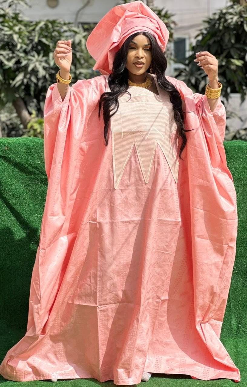 Bazin Riche Abaya Dress: Embroidered African Traditional Women's Wear In Peach