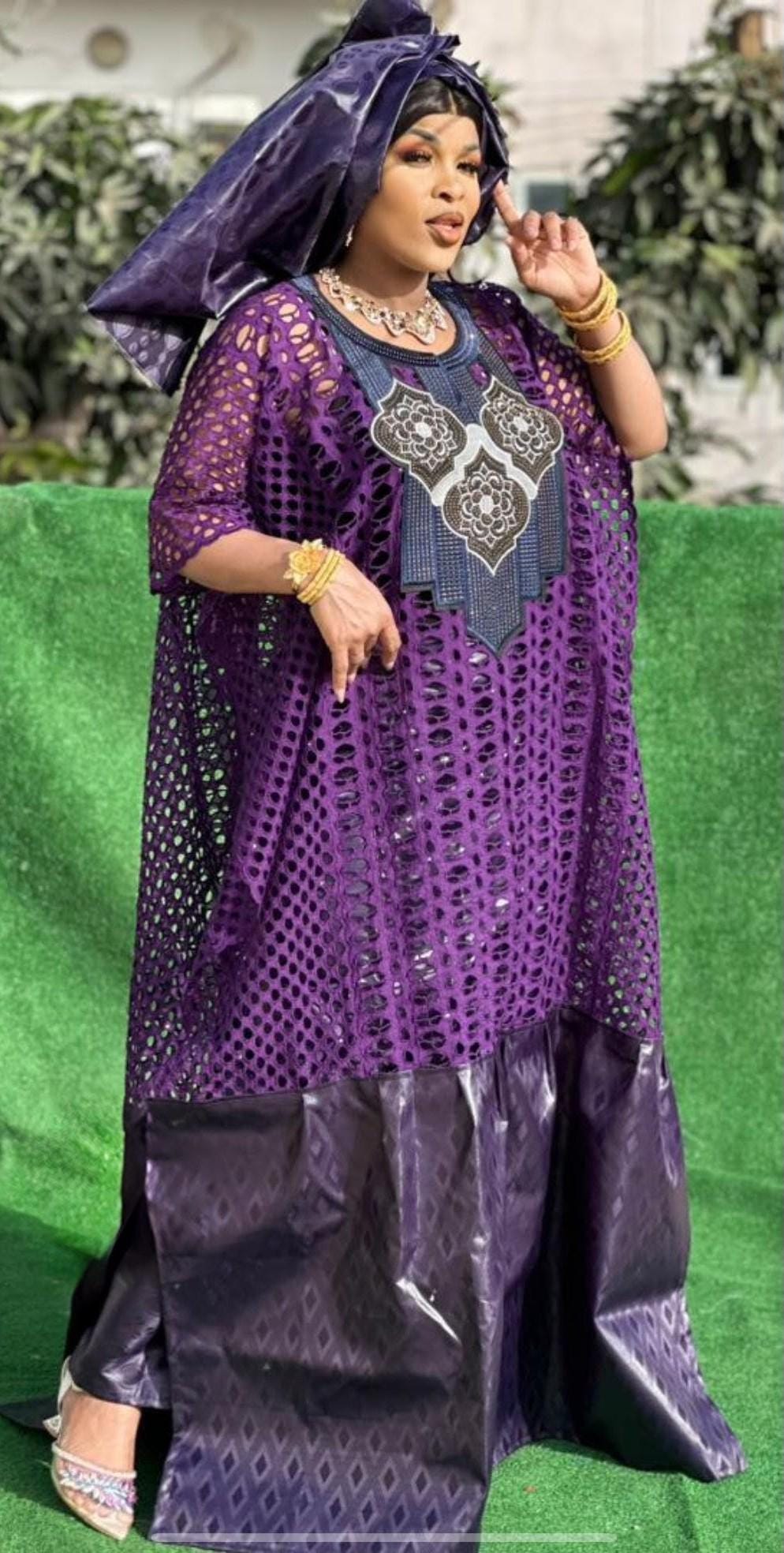 Purple Bazin Cherif Aidara 2-Piece Set | Lace Mix Top, Skirt, Scarf | Traditional African Clothing