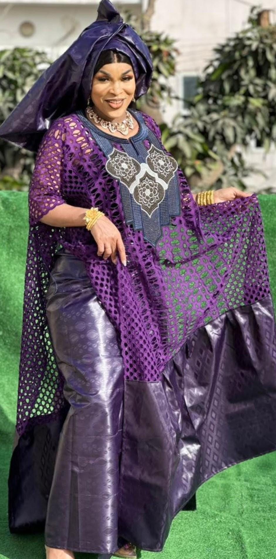 Purple Bazin Cherif Aidara 2-Piece Set | Lace Mix Top, Skirt, Scarf | Traditional African Clothing