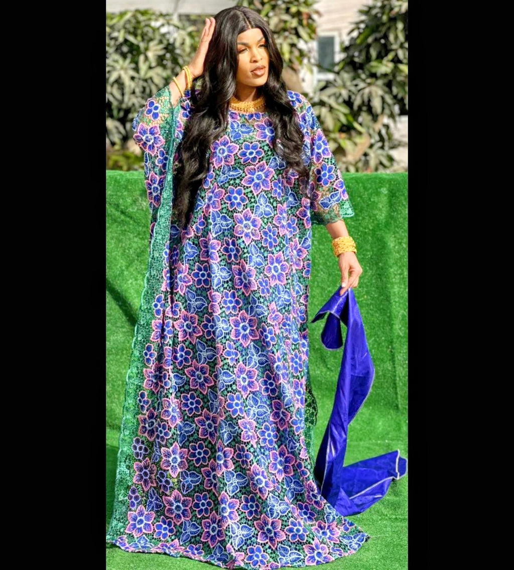 Traditional African Lace Gown Set with Scarf – Bazin Riche Rapper Orange