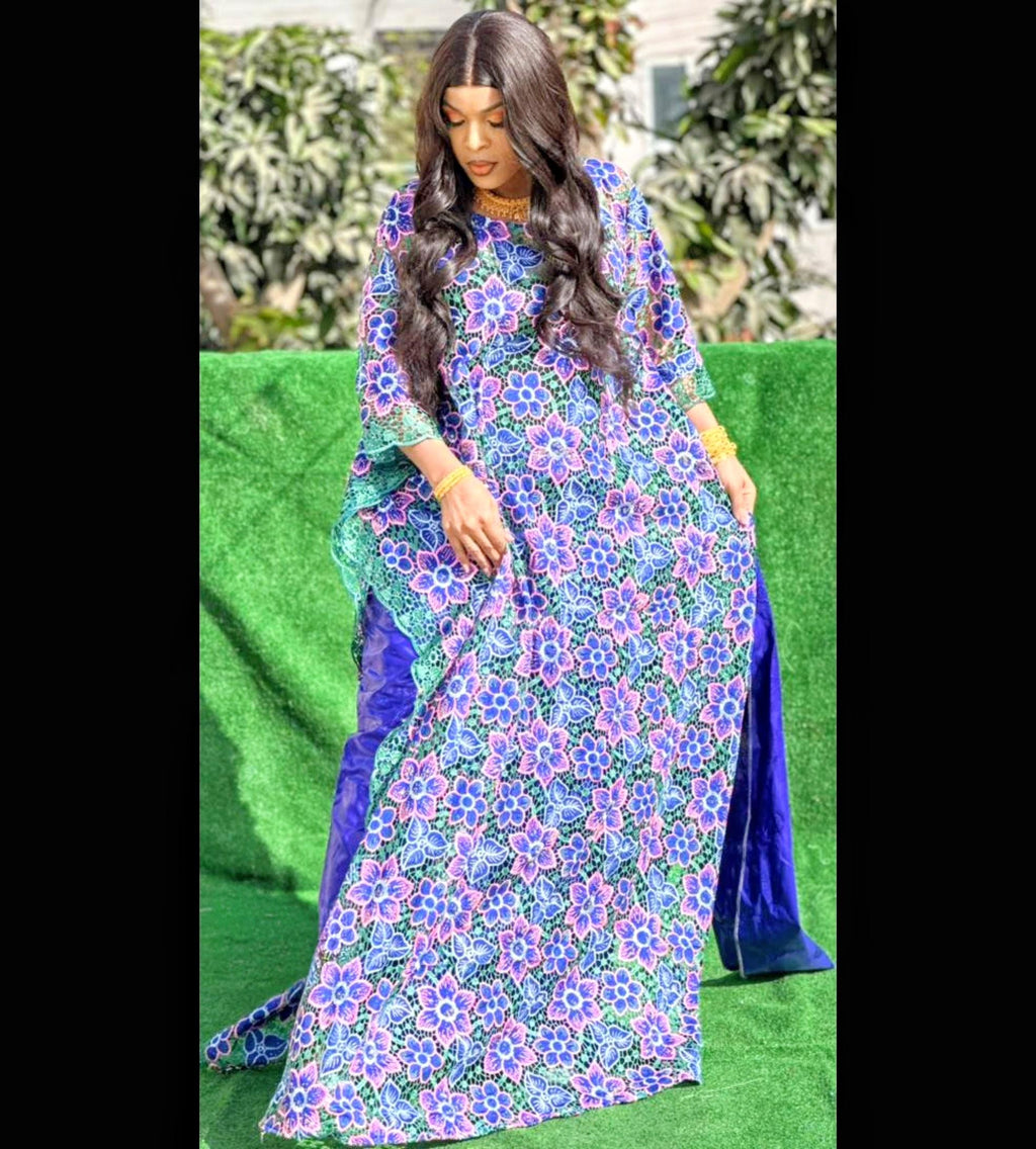 Traditional African Lace Gown Set with Scarf – Bazin Riche Rapper Orange