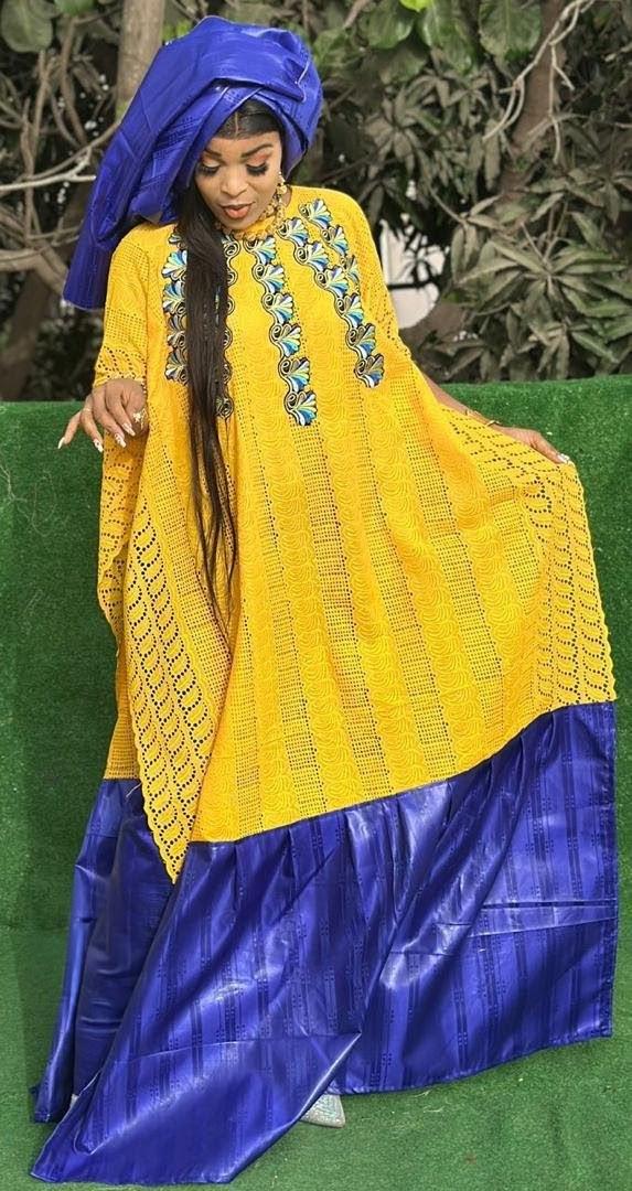 Bazin Riche Lace Mix Print Top and Scarf Set: Yellow, Blue Traditional Wear