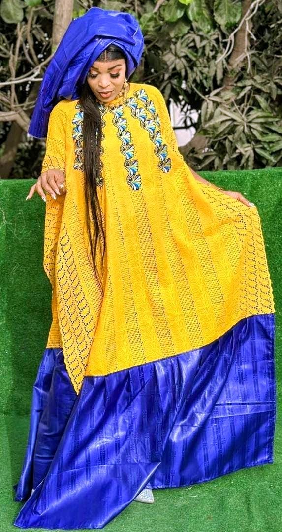 Bazin Riche Lace Mix Print Top and Scarf Set: Yellow, Blue Traditional Wear