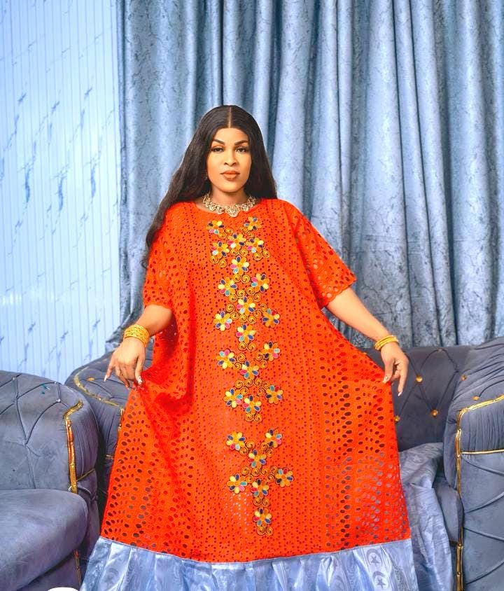 Bazin Riche Lace Top and Skirt Set With Scarf: Orange/Black Traditional Wear