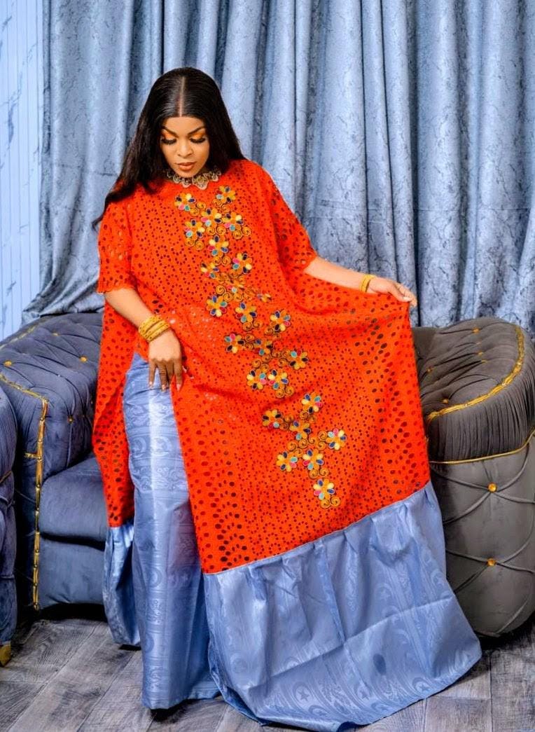 Bazin Riche Lace Top and Skirt Set With Scarf: Orange/Black Traditional Wear