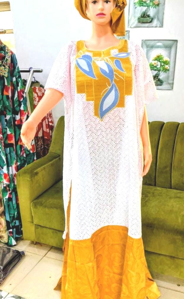 Bazin Riche Lace Mix Print Top Skirt Set With Scarf: Traditional Wear White/Yellow