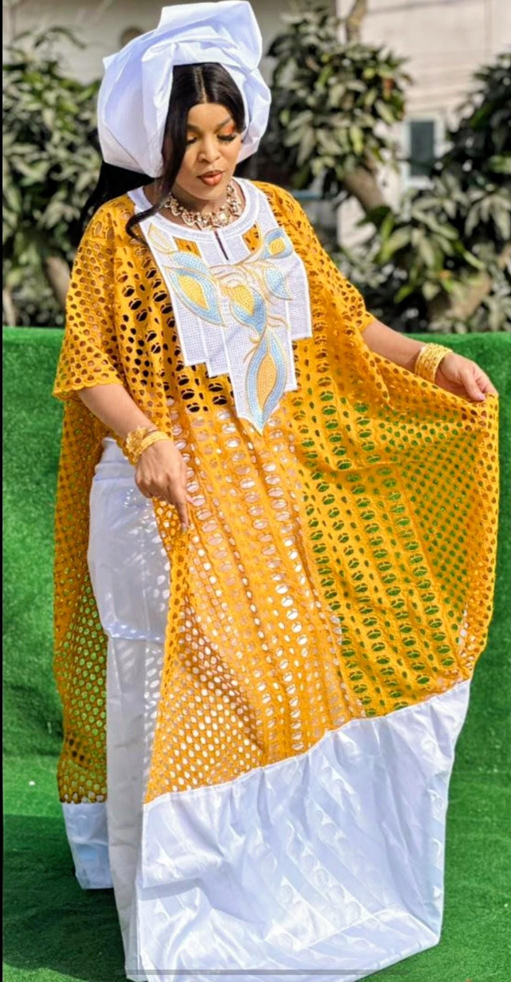 Bazin Riche Lace Mix Print Top Skirt Set With Scarf: Traditional Wear White/Yellow