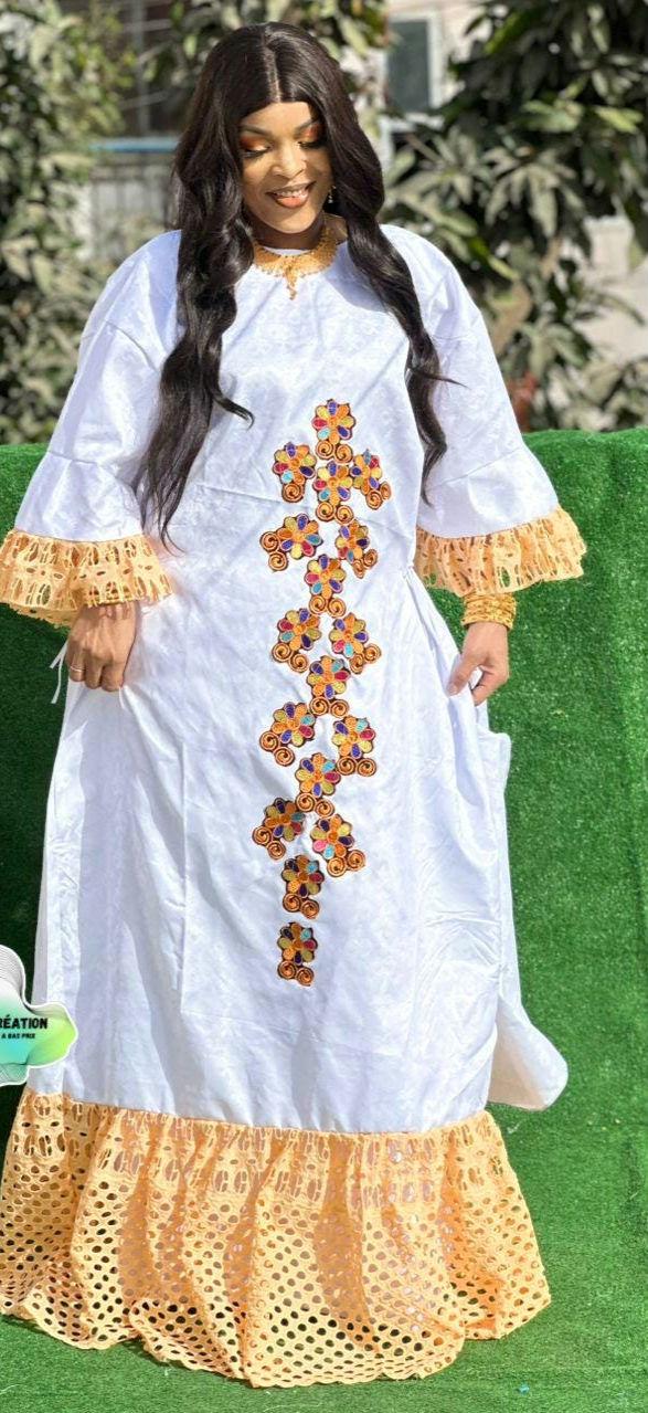 Bazin Riche Lace Mix Print Top Skirt Set With Scarf: Traditional Wear White/Yellow