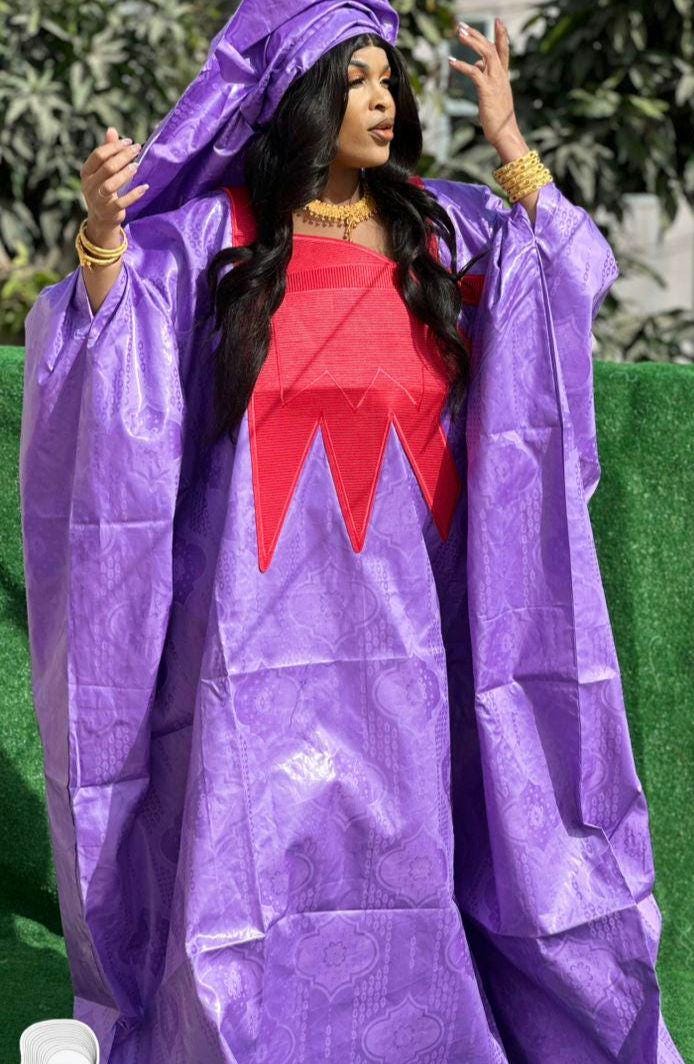Bazin Riche Abaya Dress: Embroidered African Traditional Women's Wear In Purple