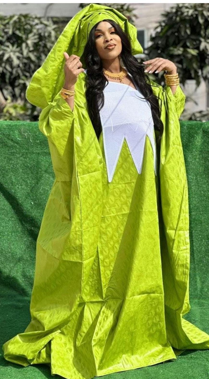 Bazin Riche Abaya Dress: Embroidered African Traditional Clothing Women's Bubu Wear In Lime