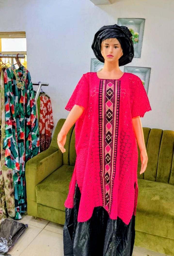 Bazin Riche Lace Mix Embrodered Women's Top and Skirt Set with Scarf – Traditional African Clothing Black/Pink