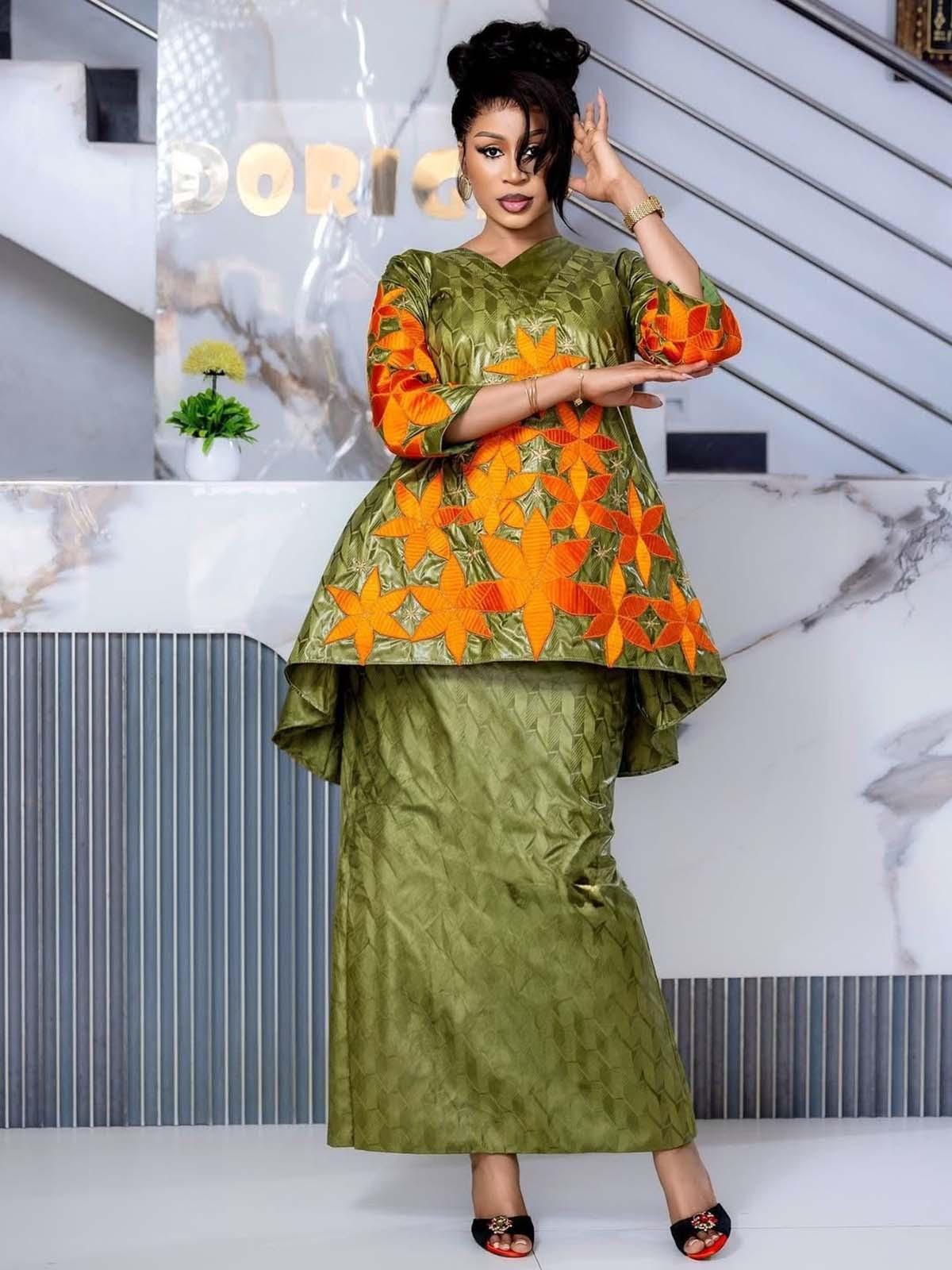 Women's Gatzner Bazin Riche Embroidery Top and Skirt Set – Traditional African Party Wear