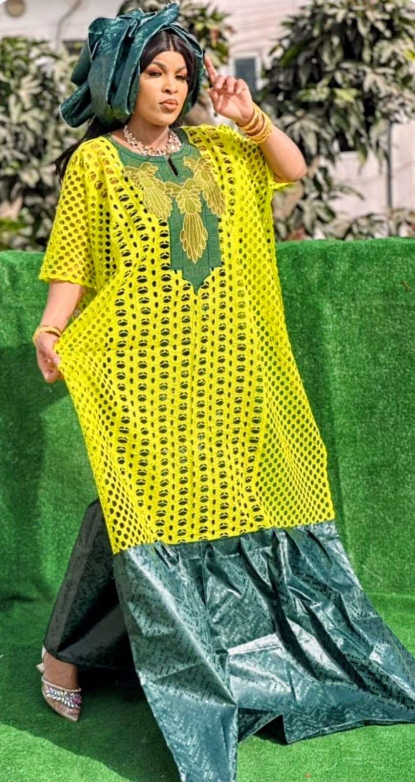 Bazin Riche Lace Mix Top and Skirt Set Scarf – Traditional African Clothing Yellow/Green