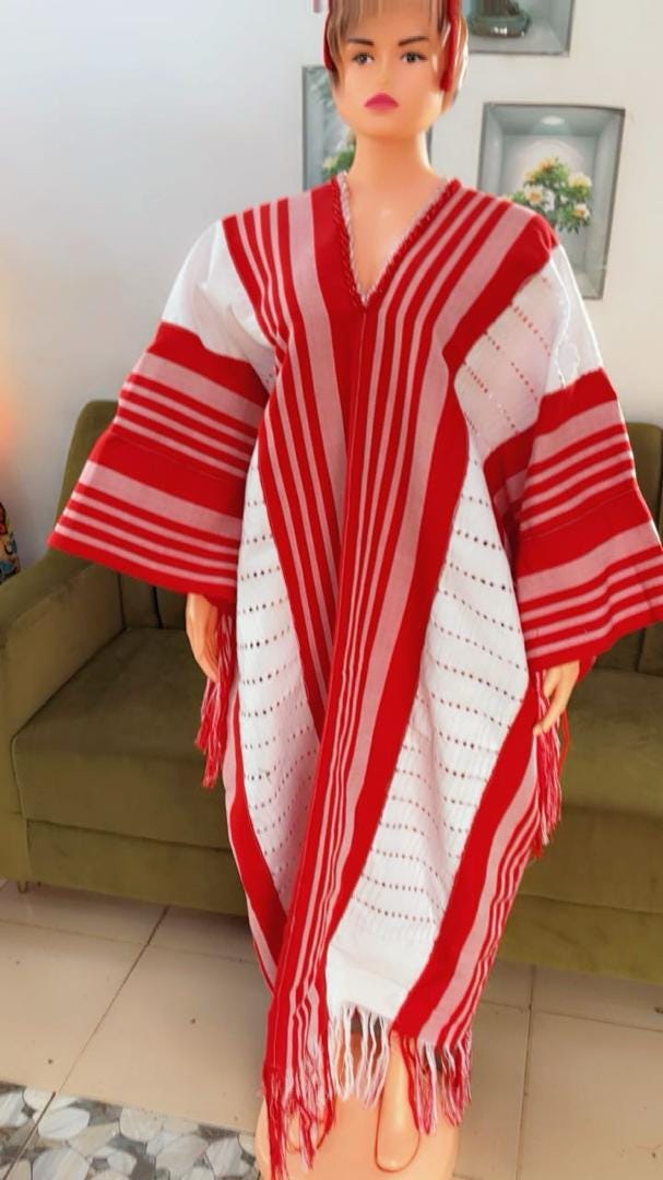 African Ashoki Kaftan Dress: Pink, Red, White Stripes, Fringed Hem, Head Tie
