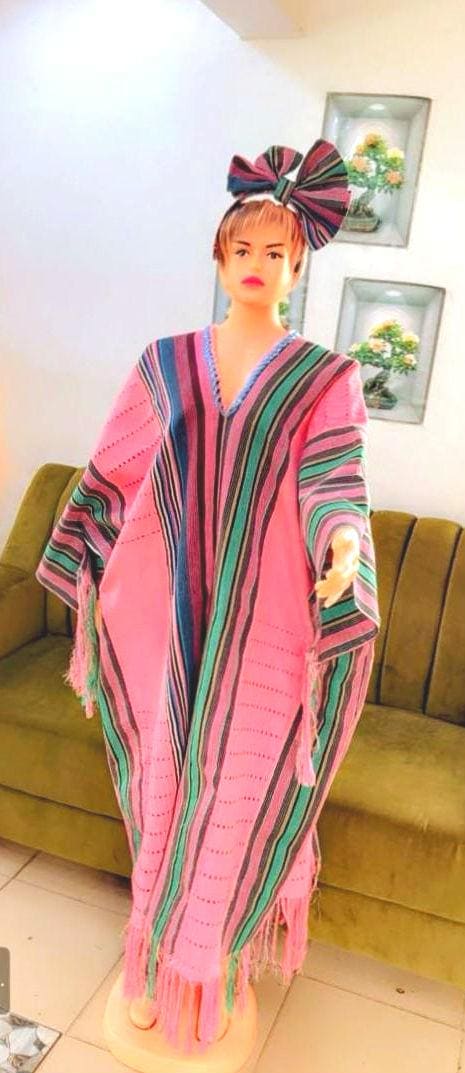 Women's African Ashoki Kaftan Dress: Pink, White, Green Stripes, Fringed Hem, Head Tie