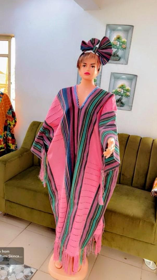 Women's African Ashoki Kaftan Dress: Pink, White, Green Stripes, Fringed Hem, Head Tie