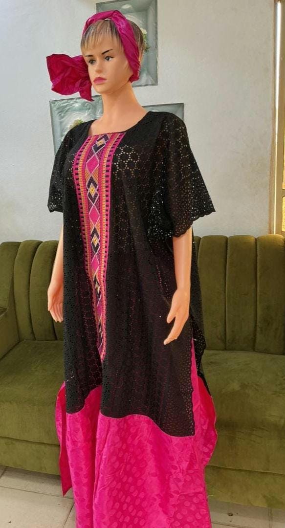 Bazin Riche Lace Mix Embrodered Women's Top and Skirt Set with Scarf – Traditional African Clothing Black/Pink