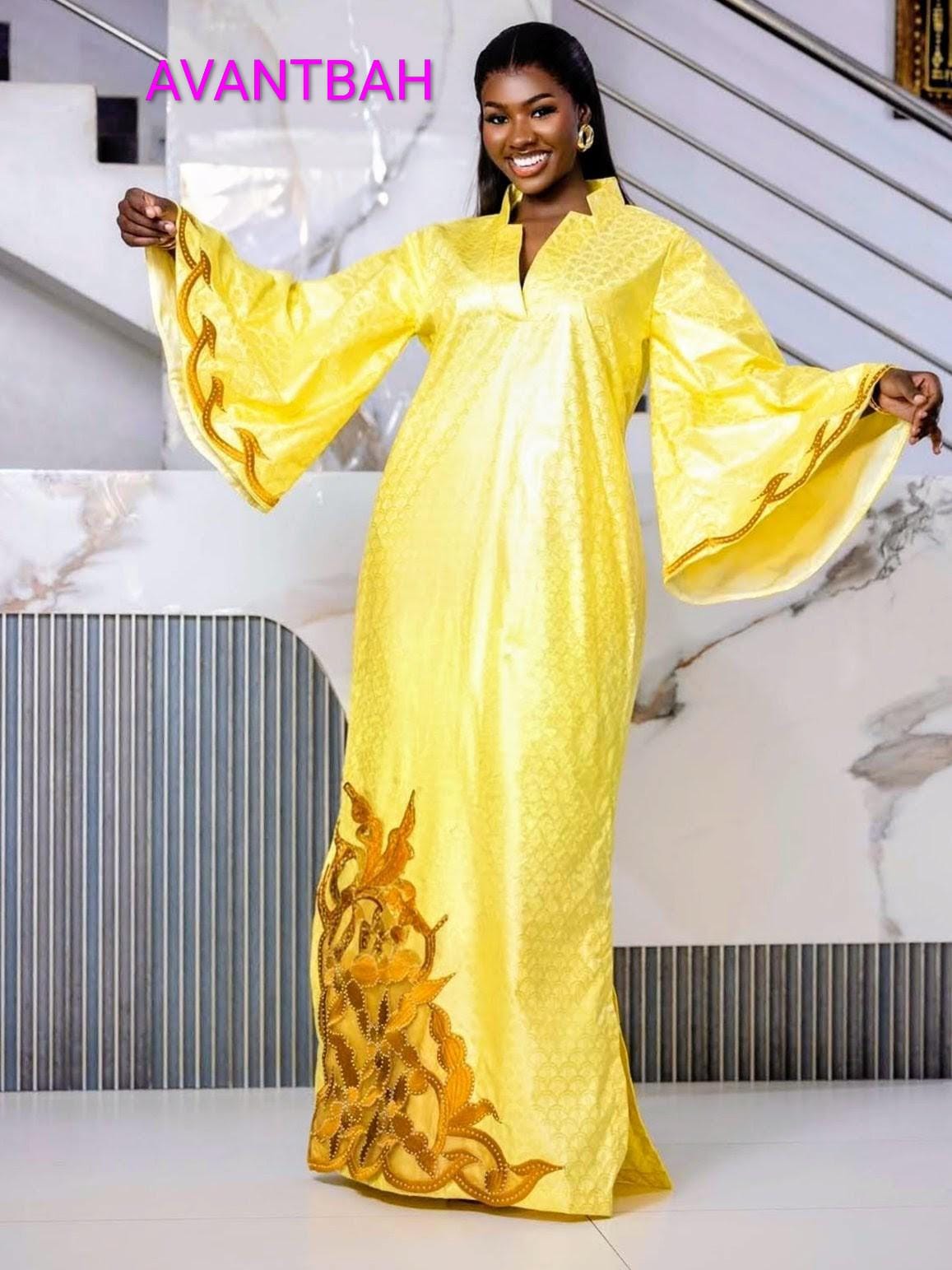 African Bazin Riche Abaya Dress | Elegant Embroidered Grand Bubu, Head Scarf In Yellow