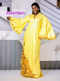 African Bazin Riche Abaya Dress | Elegant Embroidered Grand Bubu, Head Scarf In Yellow