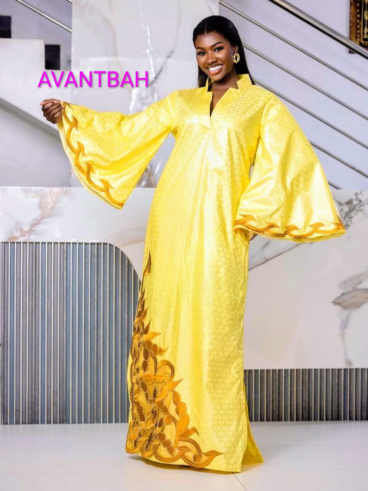 African Bazin Riche Abaya Dress | Elegant Embroidered Grand Bubu, Head Scarf In Yellow