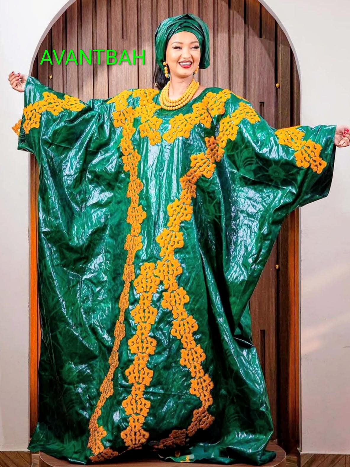 Elegant Green Bazin Riche Abaya | Embroidered Bubu Dress for Parties Weddings