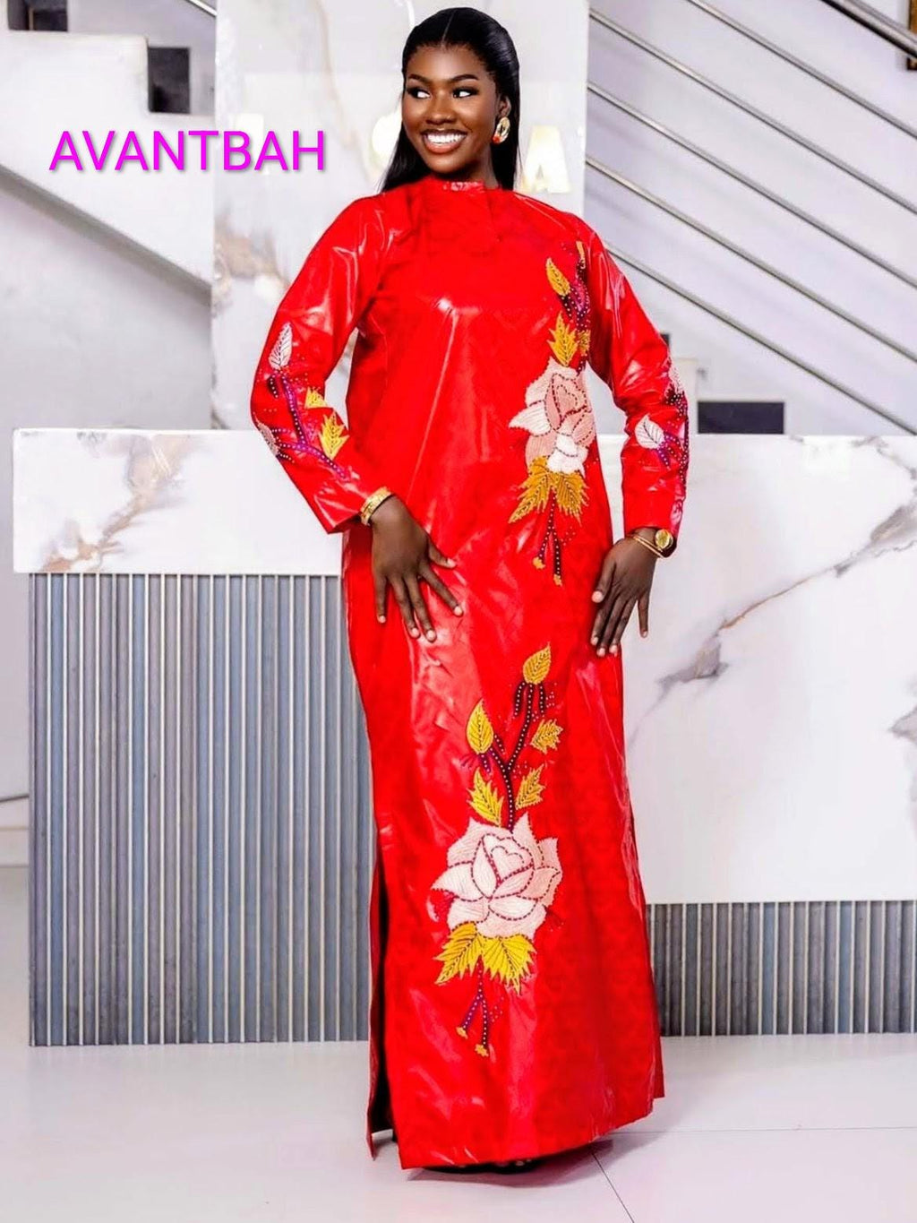 African Bazin Riche Abaya Dress | Elegant Embroidered Grand Bubu, Head Scarf In Red