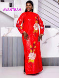 African Bazin Riche Abaya Dress | Elegant Embroidered Grand Bubu, Head Scarf In Red