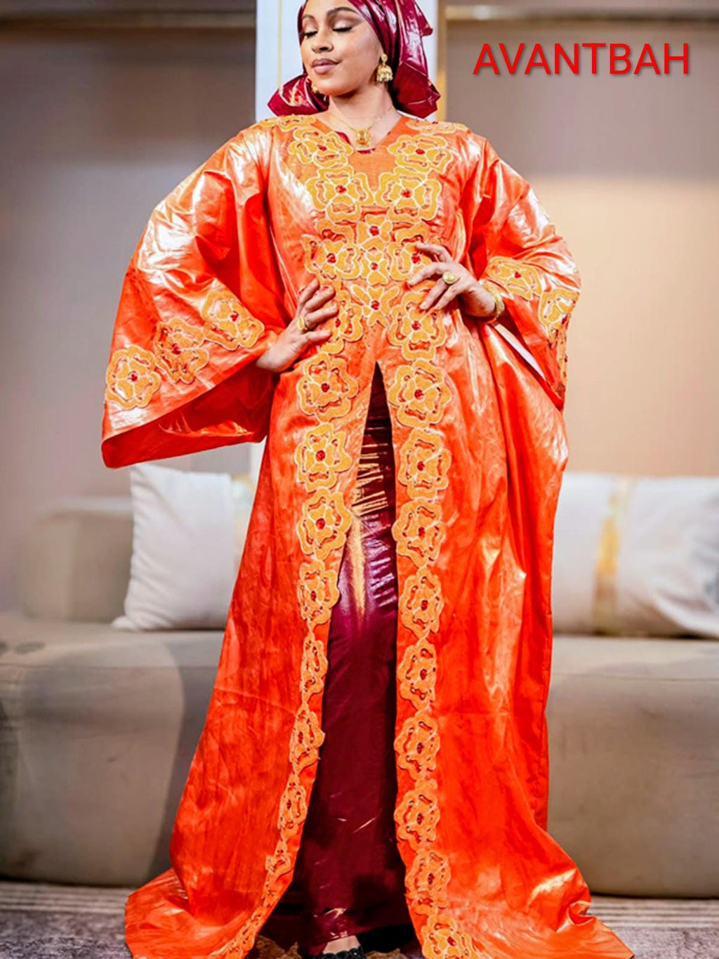 Orange Bazin Riche Abaya | Embroidered Elegant Bubu Dress for Parties Weddings
