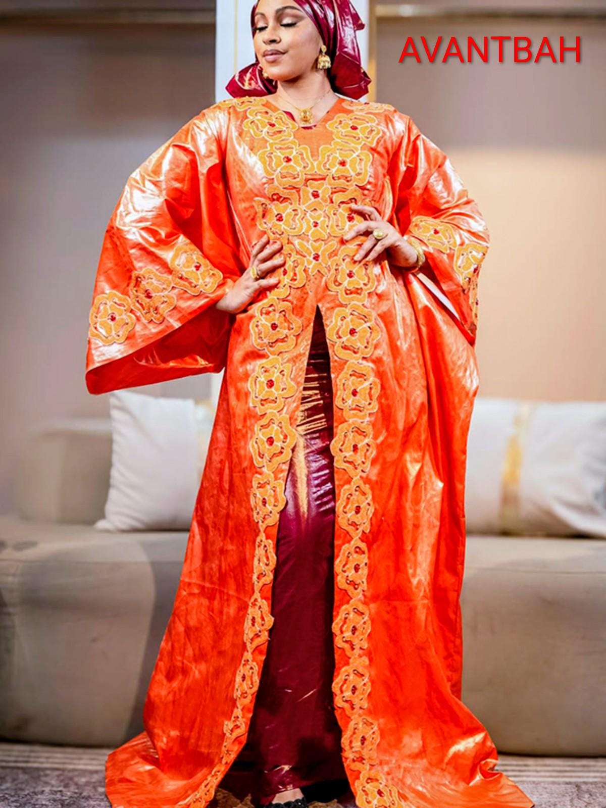 Orange Bazin Riche Abaya | Embroidered Elegant Bubu Dress for Parties Weddings