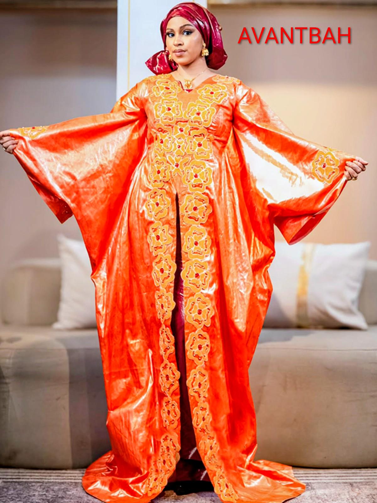 Orange Bazin Riche Abaya | Embroidered Elegant Bubu Dress for Parties Weddings