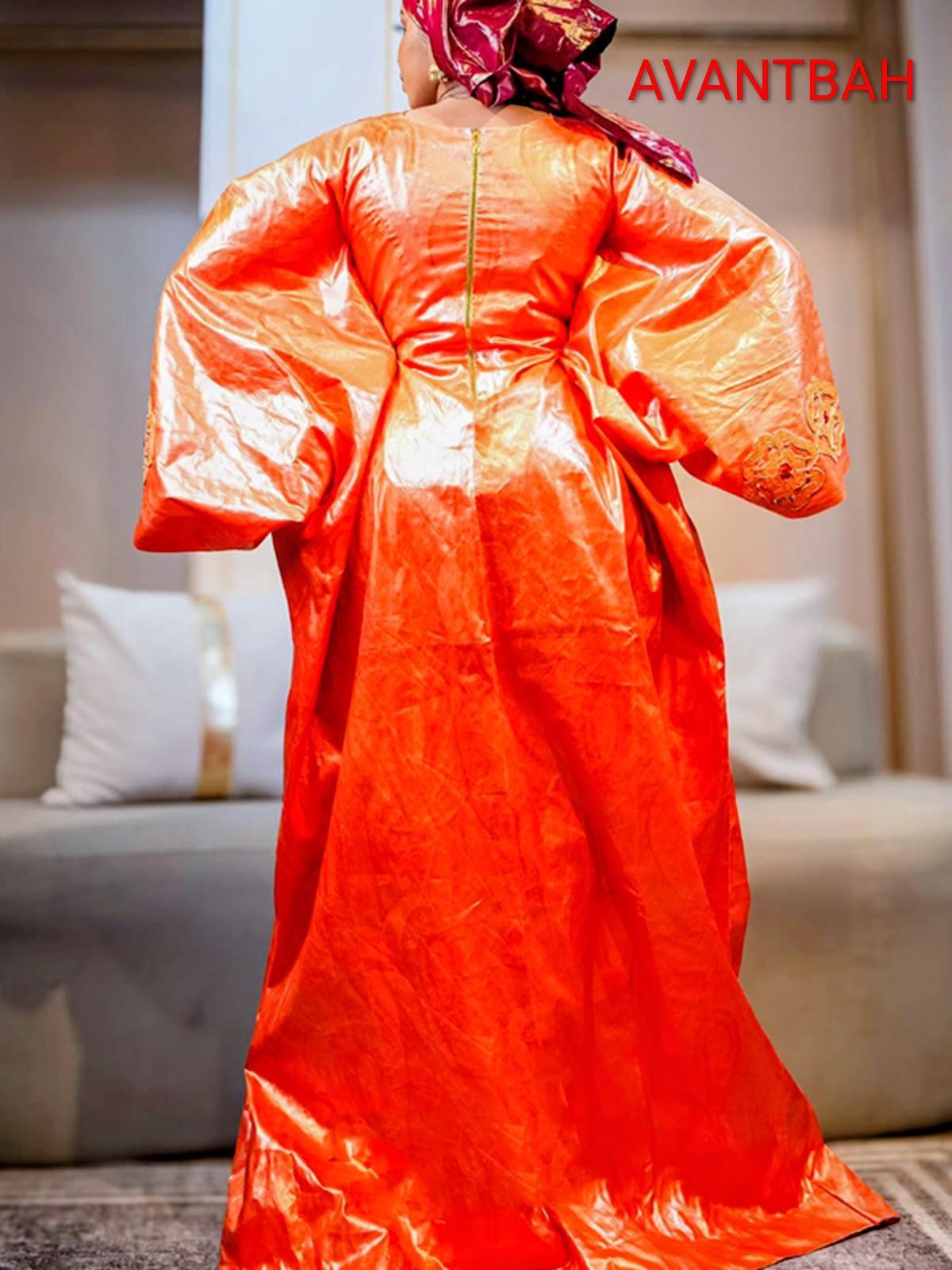 Orange Bazin Riche Abaya | Embroidered Elegant Bubu Dress for Parties Weddings