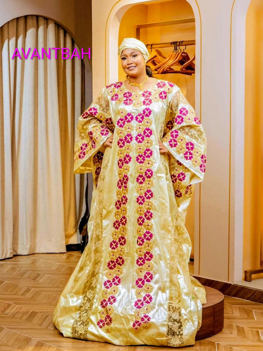 Women's Bazin Riche Abaya | Elegant Gold Embroidery Bubu Dress for Parties, Weddings