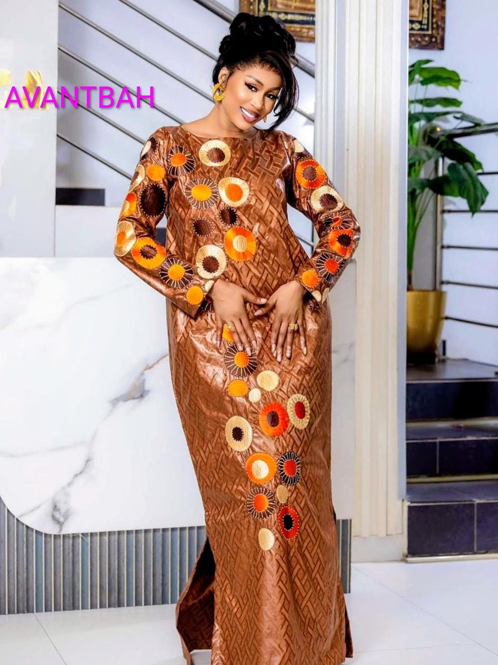 African Bazin Riche Abaya Dress | Elegant Embroidered Grand Bubu, Head Scarf In Brown
