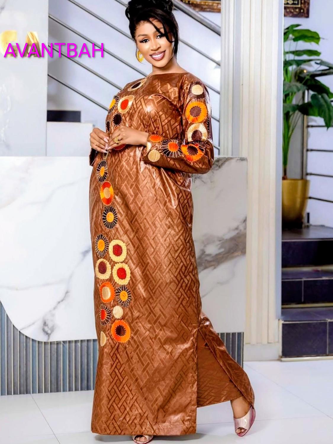 African Bazin Riche Abaya Dress | Elegant Embroidered Grand Bubu, Head Scarf In Brown