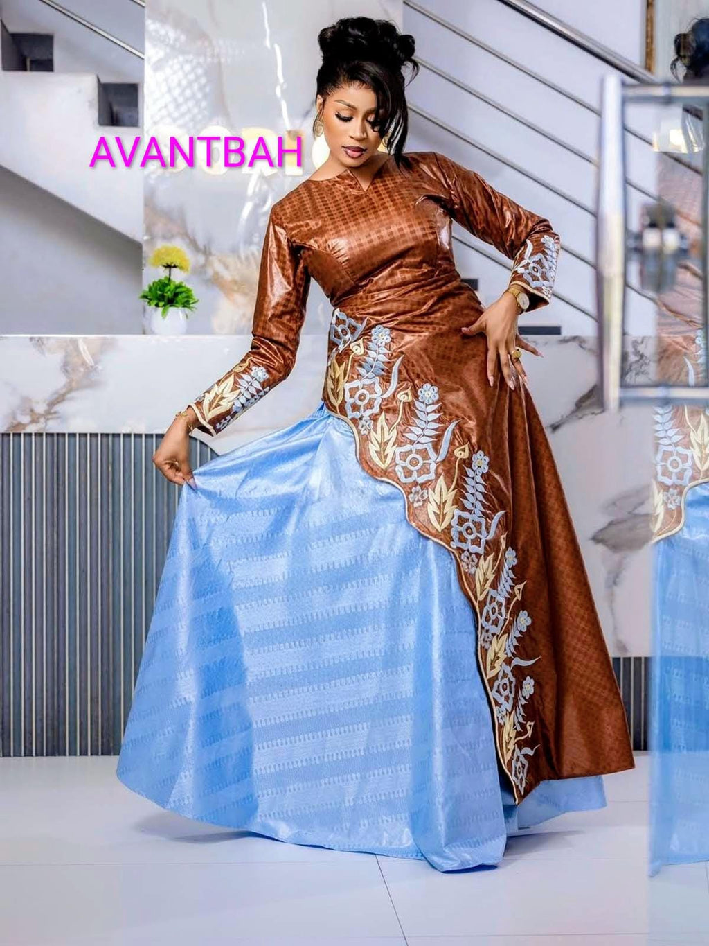 Embroidered Women Bazin Riche Abaya Dress, Grand Bubu, Brown Blue Head Scarf