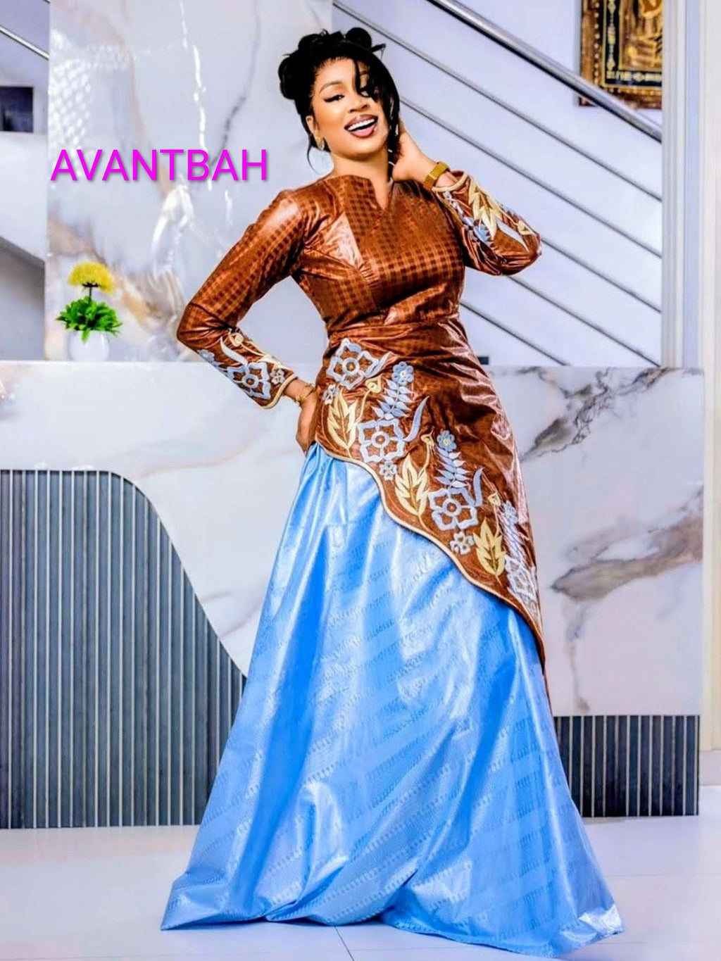 African Bazin Riche Abaya Dress | Elegant Embroidered Grand Bubu, Head Scarf In Brown/Blue