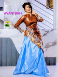 African Bazin Riche Abaya Dress | Elegant Embroidered Grand Bubu, Head Scarf In Brown/Blue