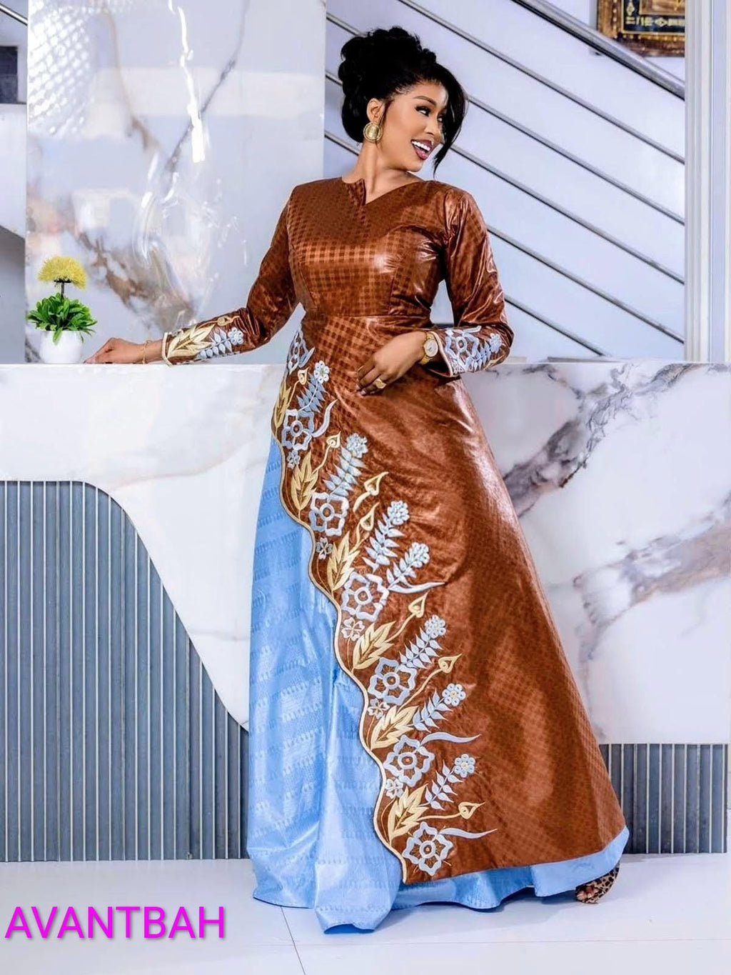 African Bazin Riche Abaya Dress | Elegant Embroidered Grand Bubu, Head Scarf In Brown/Blue