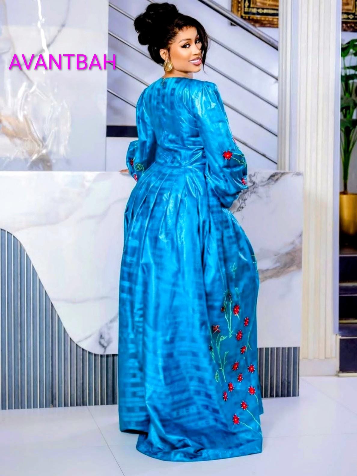 African Bazin Riche Abaya Dress | Elegant Embroidered Grand Bubu, Head Scarf In Blue