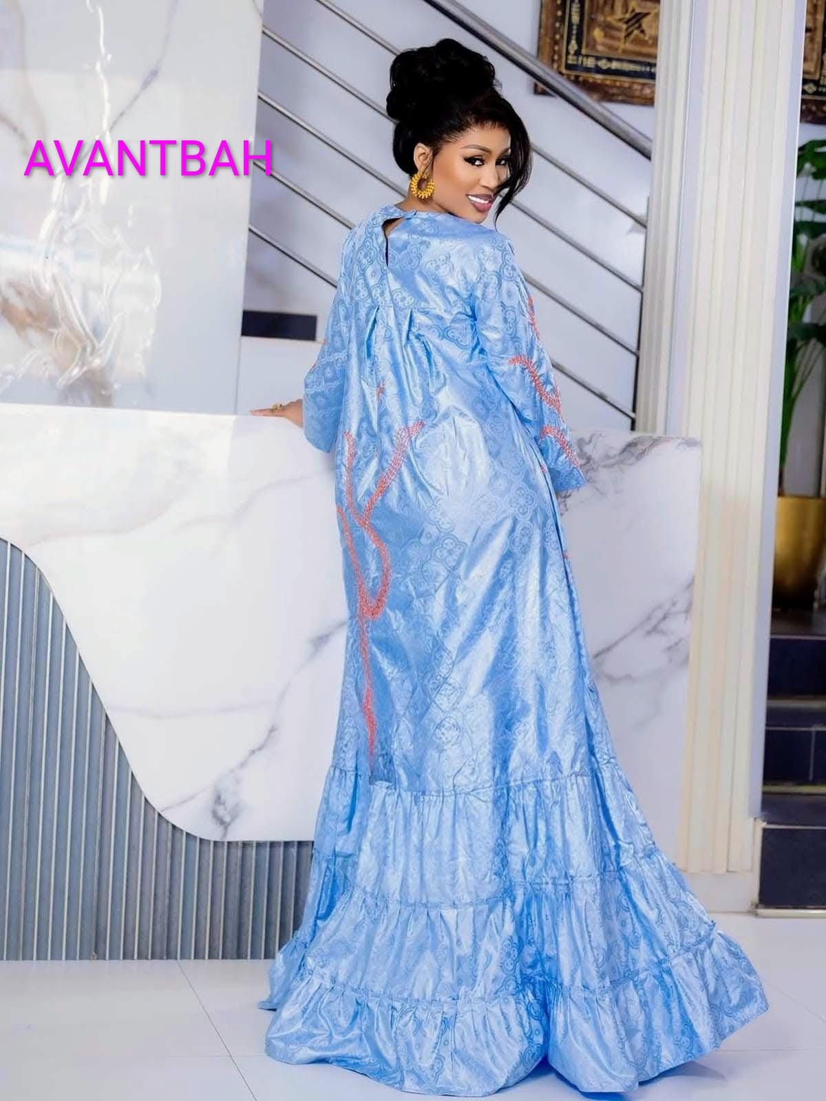 African Bazin Riche Abaya Dress | Elegant Embroidered/Grand Bubu, Head Scarf In Blue